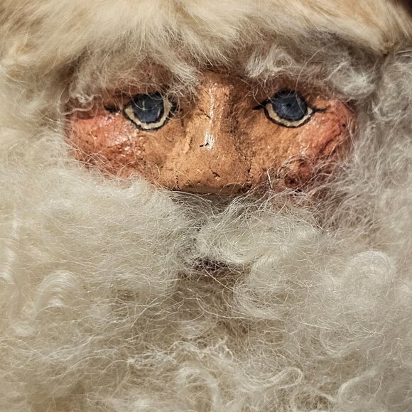 Vtg 7" Paper Mache Santa Face Ornament Wool Beard Rabbit Fur Trim Fabric Hat - Picture 5 of 10